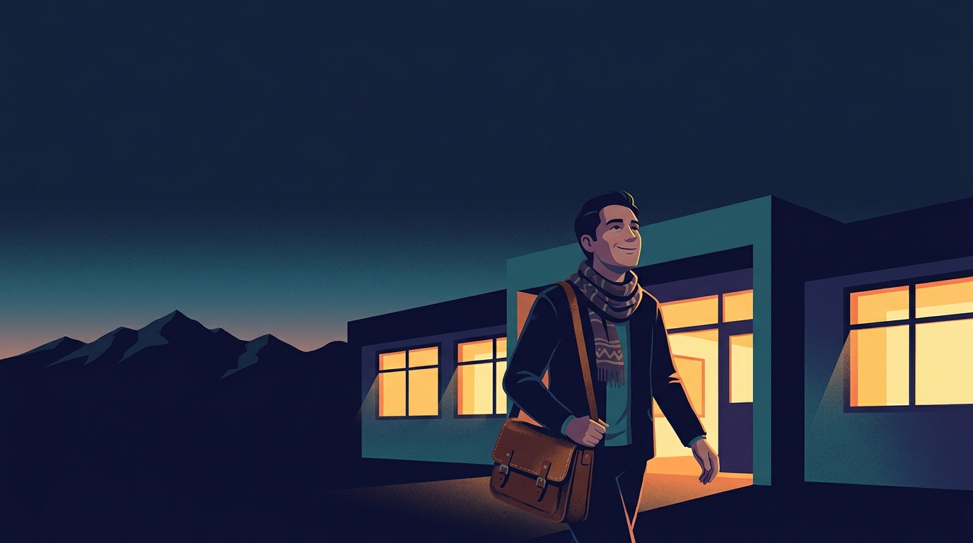 Ilustración: un docente sale confiado de su escuela al atardecer, con la cordillera al fondo