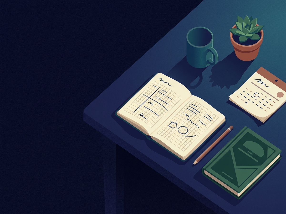 Ilustración: escritorio docente con cuaderno de planificación, calendario y currículum