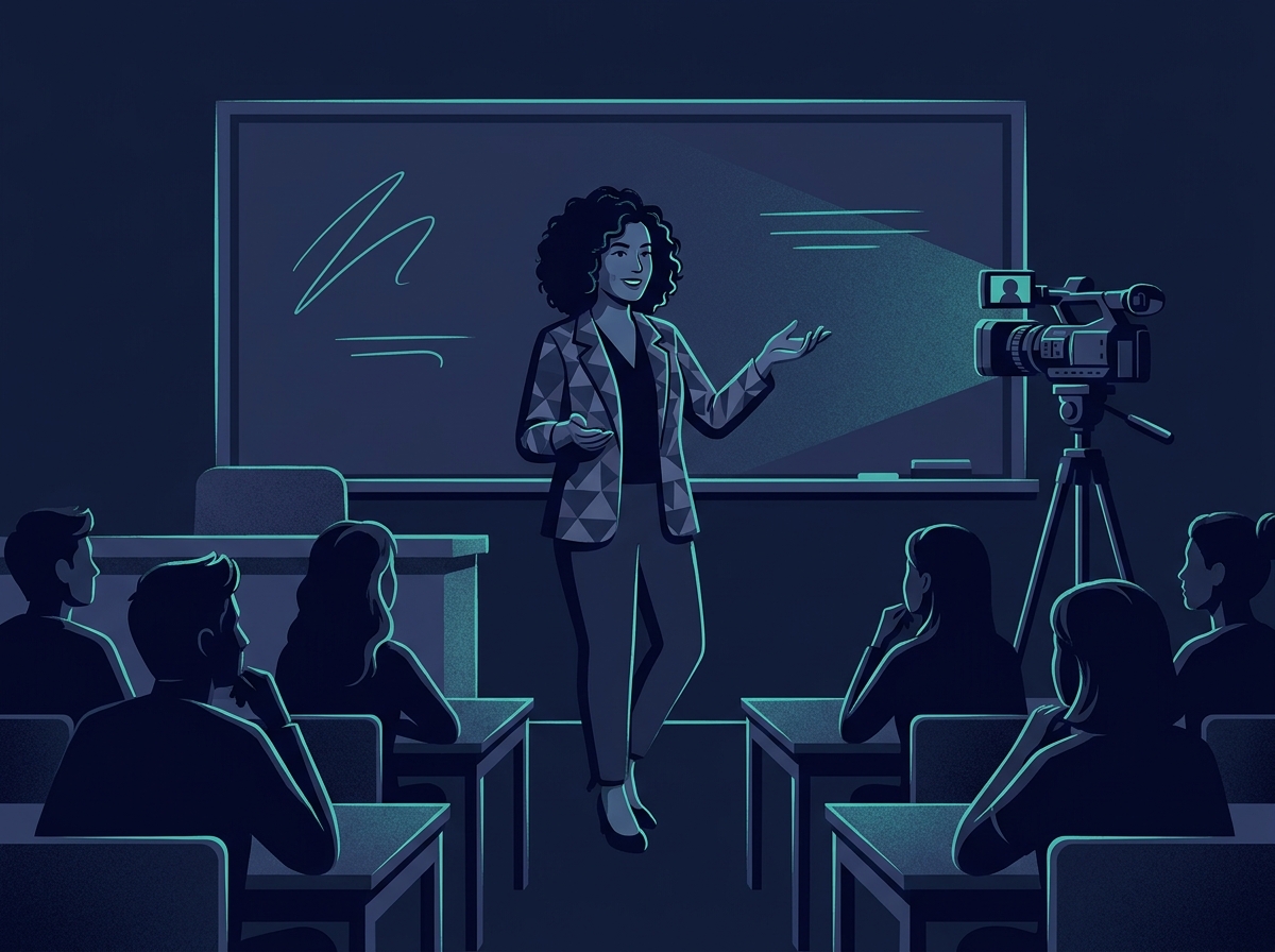 Ilustración: docente dictando su clase frente al curso mientras una cámara la graba