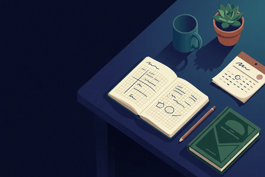 Ilustración de un escritorio docente con cuaderno de planificación y materiales de clase.